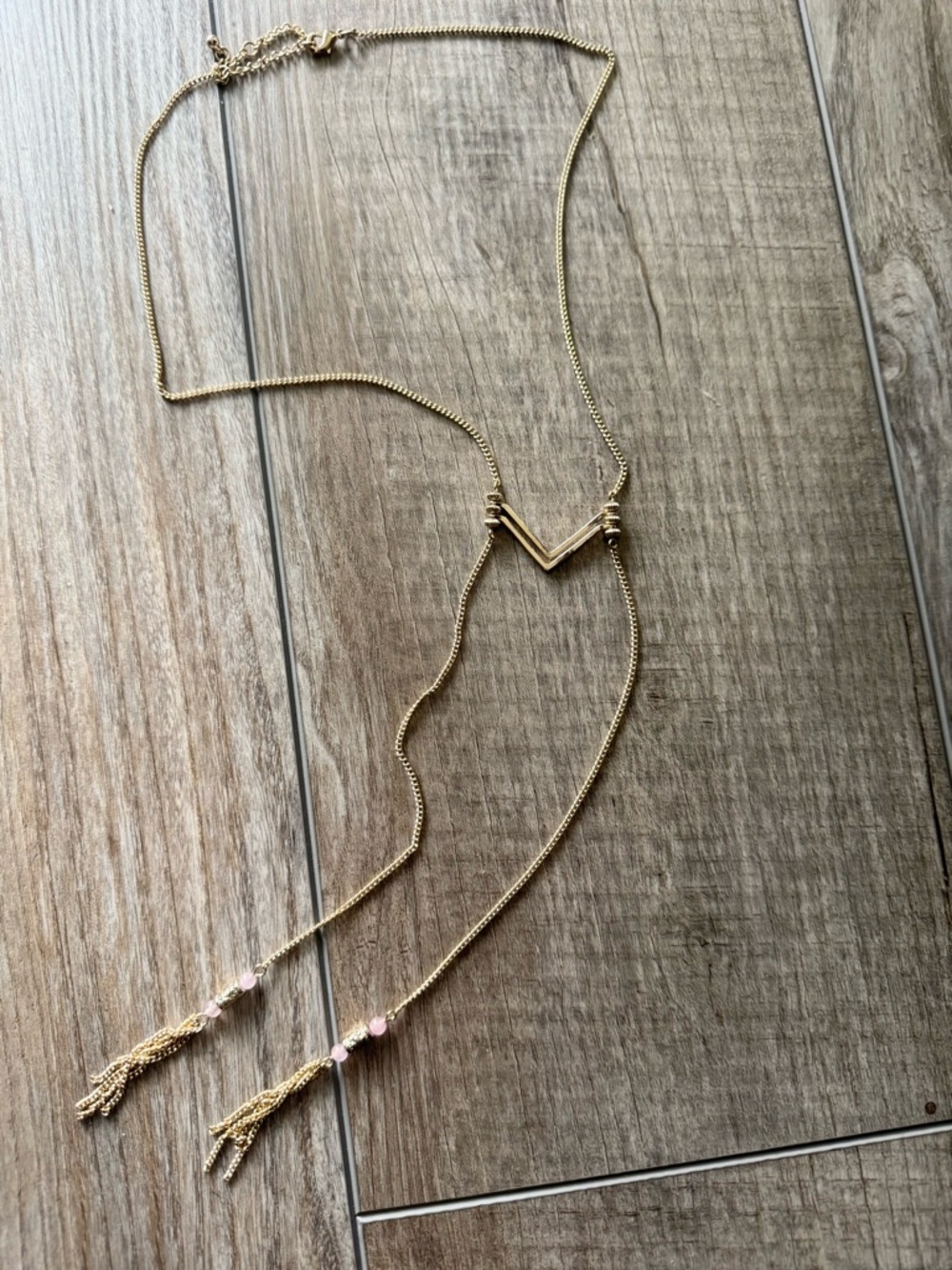 Gold Chevron Lariat Necklace with Pink Bead Tassels